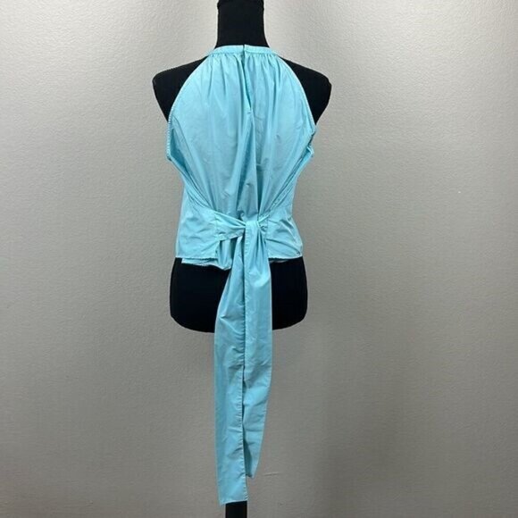 Zara Halter Top Powder Blue Tie-Back Bow Panel Fitted Sleeveless Keyhole Blouse - Picture 8 of 13